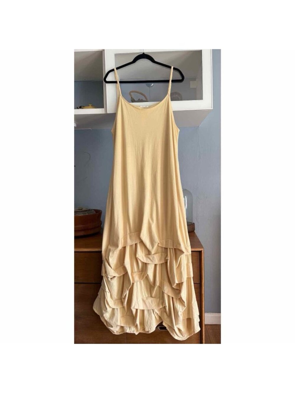 Krista Larson Yellow Cotton Midi Maxi Dress Gathered Lagenlook Cottage